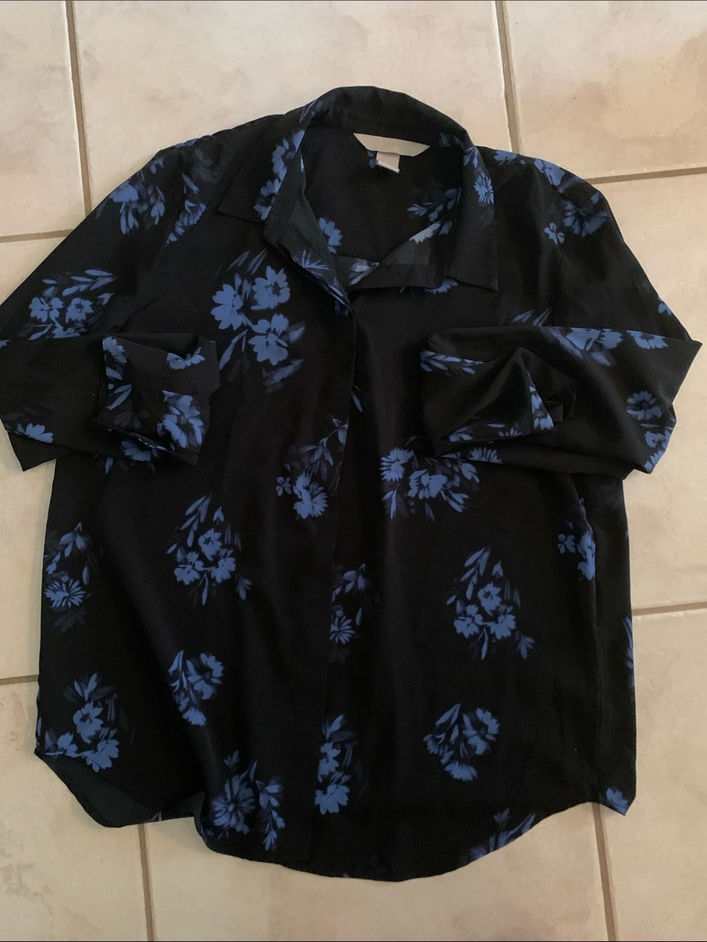 H&M Black Button-Up Shirt with Blue Floral Print